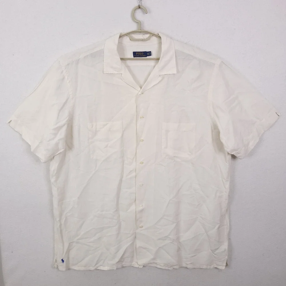 Polo Ralph Lauren Button Up Shirt Mens 2XLT White Linen Silk Camp Collar Pony